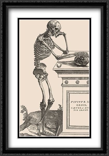 Leaning Skeleton 24x33 Black Ornate Wood Framed Art Print Poster with Double Matting by Vesalius, Andreas