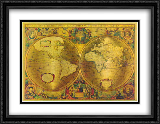 Map of the World-Silver 32x24 Black Ornate Wood Framed Art Print Poster with Double Matting