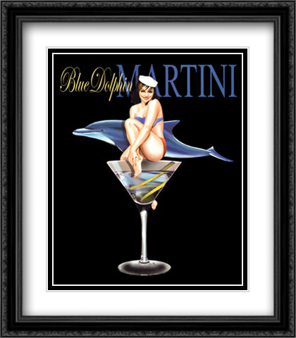 Blue Dolphin Martini 22x26 Black Ornate Wood Framed Art Print Poster with Double Matting by Burch, Ralph