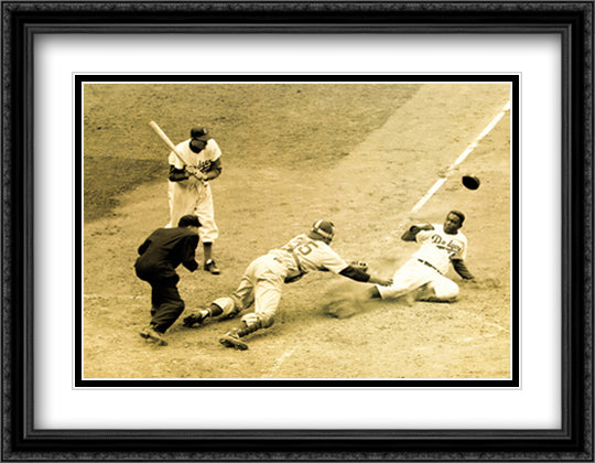 Jackie Robinson Stealing Home 32x26 Black Ornate Wood Framed Art Print Poster with Double Matting
