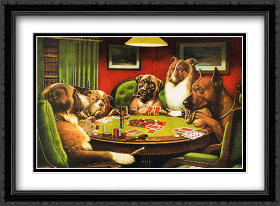 Bold Bluff / Dogs Playing Poker 29x23 Black Ornate Wood Framed Art Print Poster with Double Matting by Coolidge, Cassius Marcellus