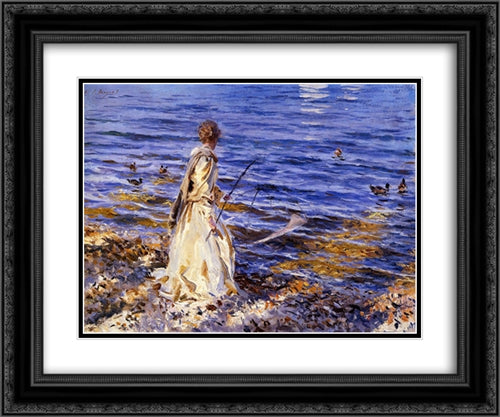 Girl Fishing 24x20 Black Ornate Wood Framed Art Print Poster with Double Matting by Sargent, John Singer