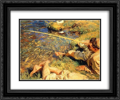 Val d'Aosta: Man Fishing 24x20 Black Ornate Wood Framed Art Print Poster with Double Matting by Sargent, John Singer