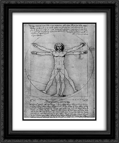 Vitruvian Man, Study of proportions, from Vitruvius's De Architectura 20x24 Black Ornate Wood Framed Art Print Poster with Double Matting by da Vinci, Leonardo