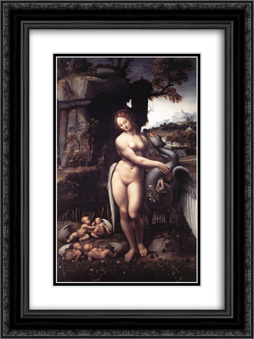 Leda 18x24 Black Ornate Wood Framed Art Print Poster with Double Matting by da Vinci, Leonardo