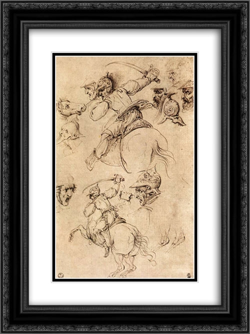 Study of battles on horseback 18x24 Black Ornate Wood Framed Art Print Poster with Double Matting by da Vinci, Leonardo