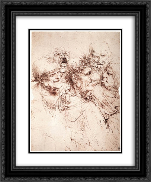 Study of five grotesque heads 20x24 Black Ornate Wood Framed Art Print Poster with Double Matting by da Vinci, Leonardo