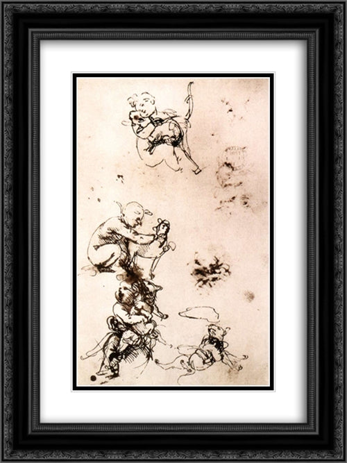 Study of a child with a cat (facsimile) 18x24 Black Ornate Wood Framed Art Print Poster with Double Matting by da Vinci, Leonardo