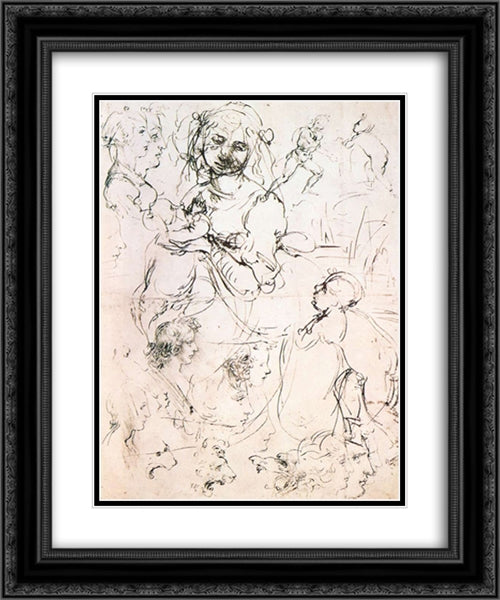 Study of nursing Madonna and profile heads 20x24 Black Ornate Wood Framed Art Print Poster with Double Matting by da Vinci, Leonardo