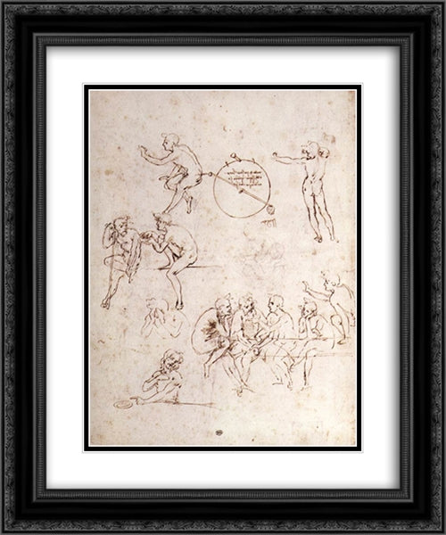 Various figure studies 20x24 Black Ornate Wood Framed Art Print Poster with Double Matting by da Vinci, Leonardo