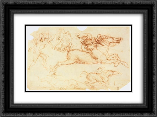 Galloping Rider and other figures 24x18 Black Ornate Wood Framed Art Print Poster with Double Matting by da Vinci, Leonardo