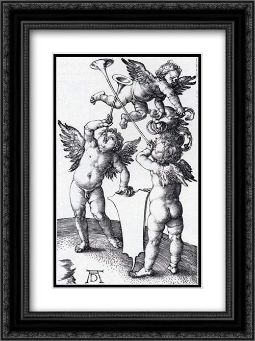 Three Putti With Shield And Helmet 18x24 Black Ornate Wood Framed Art Print Poster with Double Matting by Durer, Albrecht