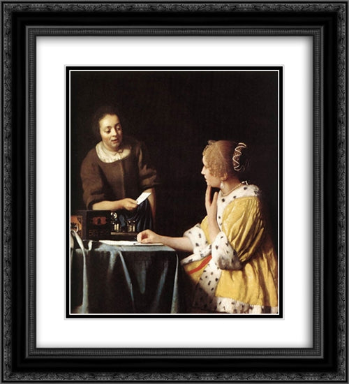 Lady with Her Maidservant Holding a Letter 20x22 Black Ornate Wood Framed Art Print Poster with Double Matting by Vermeer, Johannes