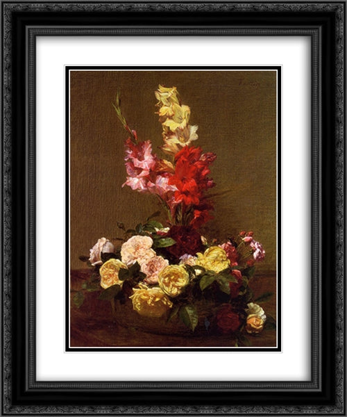 Gladiolas and Roses 20x24 Black Ornate Wood Framed Art Print Poster with Double Matting by Fantin Latour, Henri