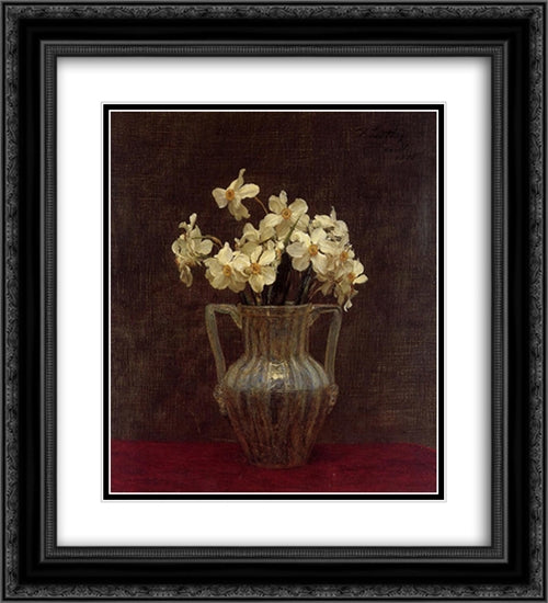 Narcisses in an Opaline Glass Vase 20x22 Black Ornate Wood Framed Art Print Poster with Double Matting by Fantin Latour, Henri