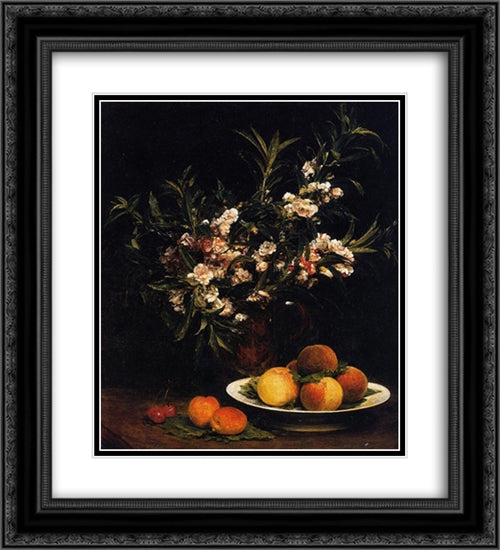 Still Life: Balsimines, Peaches and Apricots 20x22 Black Ornate Wood Framed Art Print Poster with Double Matting by Fantin Latour, Henri