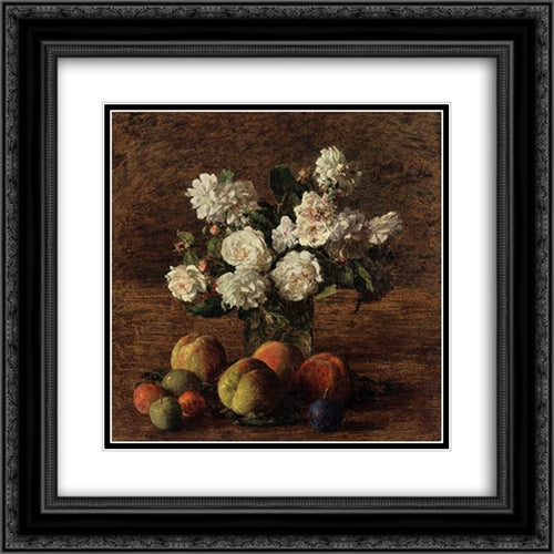 Still Life: Roses and Fruit 20x20 Black Ornate Wood Framed Art Print Poster with Double Matting by Fantin Latour, Henri
