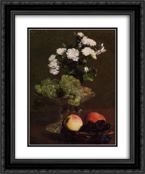 Still Life: Chrysanthemums and Grapes 20x24 Black Ornate Wood Framed Art Print Poster with Double Matting by Fantin Latour, Henri