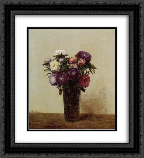Vase of Flowers: Queens Daisies 20x22 Black Ornate Wood Framed Art Print Poster with Double Matting by Fantin Latour, Henri