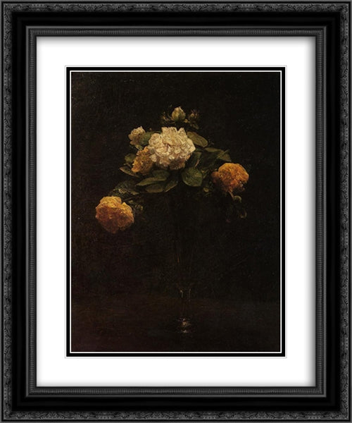 White and Yellow Roses in a Tall Vase 20x24 Black Ornate Wood Framed Art Print Poster with Double Matting by Fantin Latour, Henri