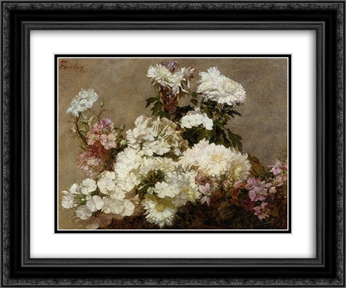 White Phlox, Summer Chrysanthemum and Larkspur 24x20 Black Ornate Wood Framed Art Print Poster with Double Matting by Fantin Latour, Henri