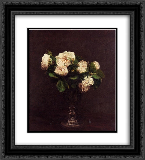 White Roses 20x22 Black Ornate Wood Framed Art Print Poster with Double Matting by Fantin Latour, Henri