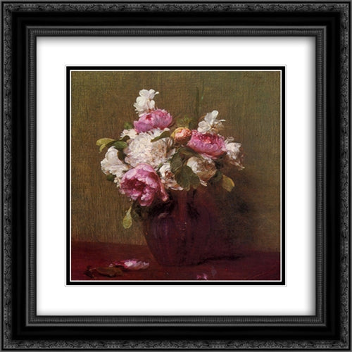 White Peonies and Roses, Narcissus 20x20 Black Ornate Wood Framed Art Print Poster with Double Matting by Fantin Latour, Henri