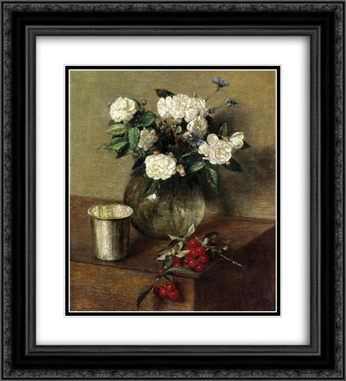 White Roses and Cherries 20x22 Black Ornate Wood Framed Art Print Poster with Double Matting by Fantin Latour, Henri