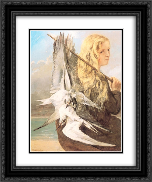 The Girl with the Seagulls, Trouville 20x24 Black Ornate Wood Framed Art Print Poster with Double Matting by Courbet, Gustave
