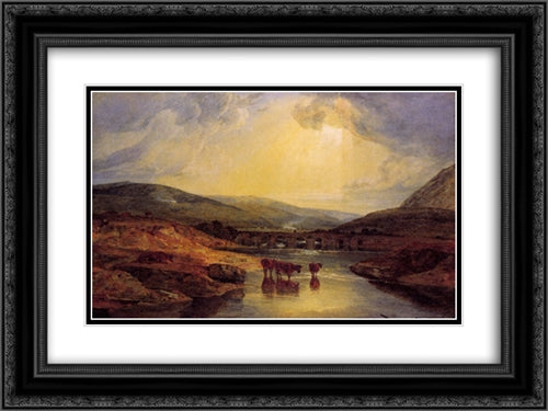 Abergavenny Bridge, Monmountshire, clearing up after a showery day 24x18 Black Ornate Wood Framed Art Print Poster with Double Matting by Turner, Joseph Mallord William
