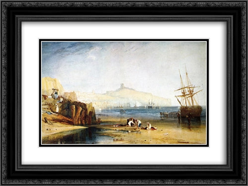 Scarborough Town and Castle: Morning: Boys Catching Crabs 24x18 Black Ornate Wood Framed Art Print Poster with Double Matting by Turner, Joseph Mallord William