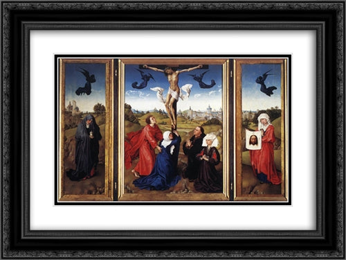 Crucifixion Triptych 24x18 Black Ornate Wood Framed Art Print Poster with Double Matting by van der Weyden, Rogier