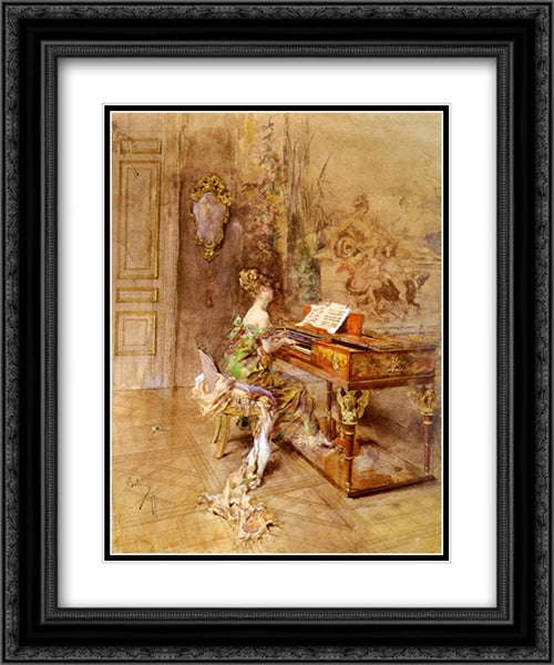 La Pianista 20x24 Black Ornate Wood Framed Art Print Poster with Double Matting by Boldini, Giovanni