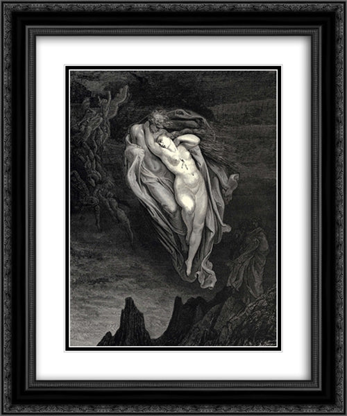 The Inferno, Canto 5, lines 72'74: Bard! willingly I would address those two together coming, Which seem so light before the wind. 20x24 Black Ornate Wood Framed Art Print Poster with Double Matting by Dore, Gustave