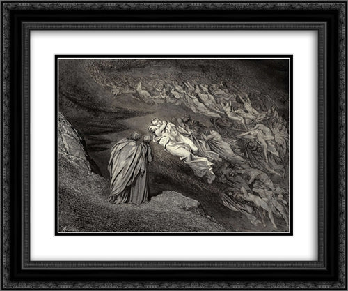 The Inferno, Canto 5, lines 105'106: Love brought us to one death: Caina waits The soul, who spilt our life. 24x20 Black Ornate Wood Framed Art Print Poster with Double Matting by Dore, Gustave