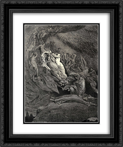 The Inferno, Canto 5, lines 137'138: I through compassion fainting, seemd not far From death, and like a corpse fell to the ground. 20x24 Black Ornate Wood Framed Art Print Poster with Double Matting by Dore, Gustave