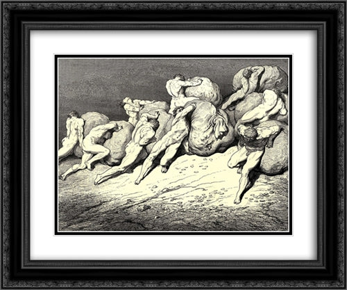 The Inferno, Canto 7, lines 65'67: Not all the gold, that is beneath the moon, Or ever hath been, of these toil'worn souls Might purchase rest for one. 24x20 Black Ornate Wood Framed Art Print Poster with Double Matting by Dore, Gustave