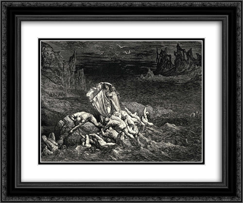 The Inferno, Canto 7, lines 118'119: Now seest thou, son! The souls of those, whom anger overcame. 24x20 Black Ornate Wood Framed Art Print Poster with Double Matting by Dore, Gustave