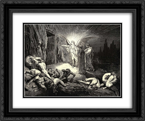 The Inferno, Canto 9, lines 87'89: To the gate He came, and with his wand touchd it, whereat Open without impediment it flew. 24x20 Black Ornate Wood Framed Art Print Poster with Double Matting by Dore, Gustave