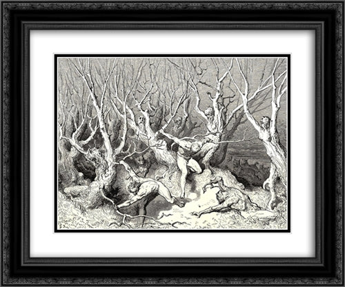 The Inferno, Canto 13, line 120: Haste now, the foremost cried, now haste thee death! 24x20 Black Ornate Wood Framed Art Print Poster with Double Matting by Dore, Gustave