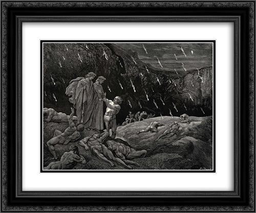 The Inferno, Canto 15, lines 28'29: Sir! Brunetto! And art thou here? 24x20 Black Ornate Wood Framed Art Print Poster with Double Matting by Dore, Gustave