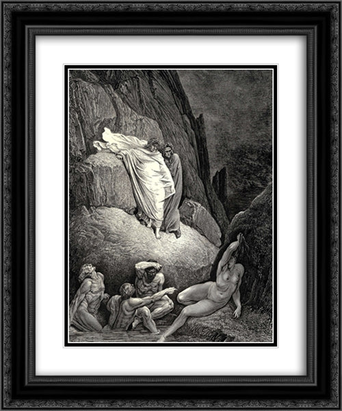 The Inferno, Canto 18, lines 130'132: Thais is this, the harlot, whose false lip Answerd her doting paramour that askd, Thankest me much! 20x24 Black Ornate Wood Framed Art Print Poster with Double Matting by Dore, Gustave