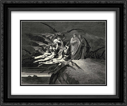 The Inferno, Canto 21, line 70: Be none of you outrageous. 24x20 Black Ornate Wood Framed Art Print Poster with Double Matting by Dore, Gustave