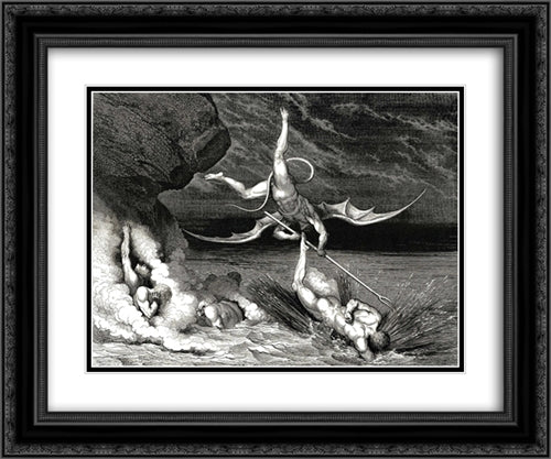 The Inferno, Canto 22, line 70: In pursuit He therefore sped, exclaiming; Thou art caught. 24x20 Black Ornate Wood Framed Art Print Poster with Double Matting by Dore, Gustave