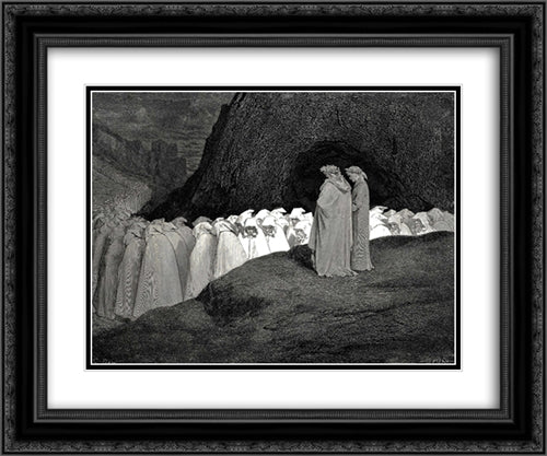The Inferno, Canto 23, lines 92'94: Tuscan, who visitest The college of the mourning hypocrites, Disdain not to instruct us who thou art. 24x20 Black Ornate Wood Framed Art Print Poster with Double Matting by Dore, Gustave