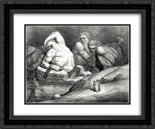 The Inferno, Canto 31, lines 82'84: This proud one Would of his strength against almighty Jove Make trial, 24x20 Black Ornate Wood Framed Art Print Poster with Double Matting by Dore, Gustave