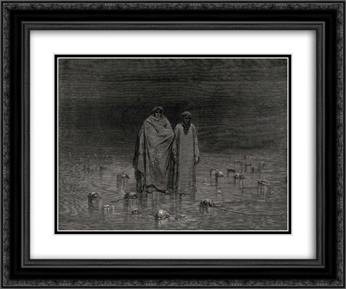 The Inferno, Canto 32, lines 20'22: Look how thou walkest. Take Good heed, thy soles do tread not on the heads Of thy poor brethren. 24x20 Black Ornate Wood Framed Art Print Poster with Double Matting by Dore, Gustave