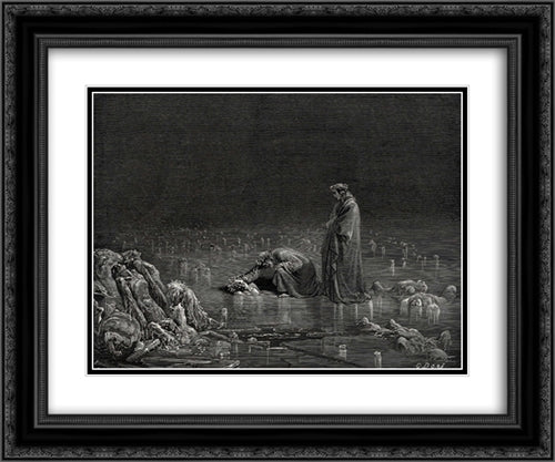 The Inferno, Canto 32, lines 97'98: Then seizing on his hinder scalp, I cried: Name thee, or not a hair shall tarry here. 24x20 Black Ornate Wood Framed Art Print Poster with Double Matting by Dore, Gustave