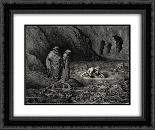 The Inferno, Canto 32, lines 127'129: Not more furiously On Menalippus temples Tydeus gnawd, Than on that skull and on its garbage he. 24x20 Black Ornate Wood Framed Art Print Poster with Double Matting by Dore, Gustave