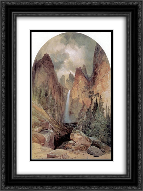 Tower Falls 18x24 Black Ornate Wood Framed Art Print Poster with Double Matting by Moran, Thomas